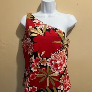 Red oriental floral top, one shouldered